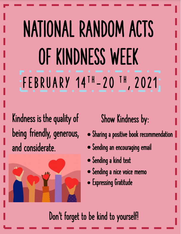 mmhscounseling1's tweet photo. National Random Acts of Kindness Week is next week February 14th-20th. Kindness is the quality of being friendly, generous and considerate. We can all use and give a little kindness! #nationalkindnessweek #mmhscounseling1 https://t.co/QgvEX2iBj5