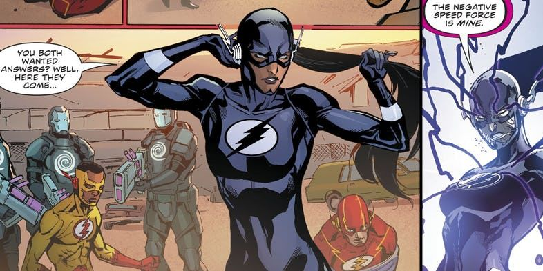 Meena Dhawan - FastTrack/ Negative FlashA STAR Labs scientist gained powers during the SpeedForce storm and helped Barry train the new speedsters. During a attack she was taken and mind controlled by Blackhole. She gained Negative SpeedForce powers and helped stop them.