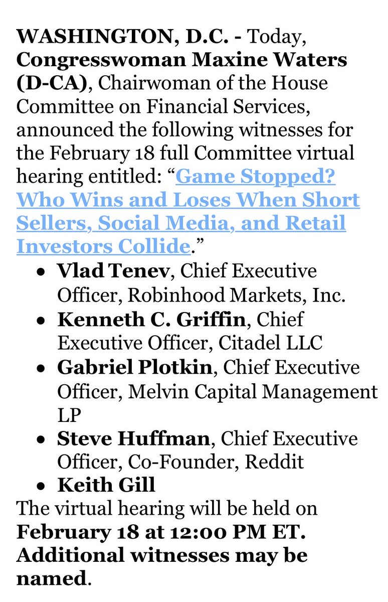 Breaking: Robinhood, Citadel, Melvin Capital and Reddit CEOs and Keith Gill headed in DC to testify on Thursday.