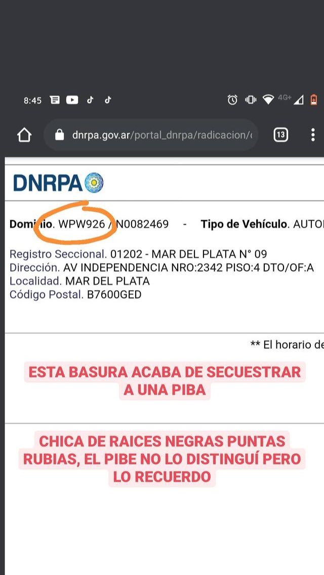 JuliEspinal2's tweet photo. Che si son de Mardel denme una mano. Mi hermano acaba de presenciar el secuestro de una piba. Quiso intervenir y lo empujaron de la bici, pudo anotar patente y seguirlos hasta donde pudo. #MardelPlata https://t.co/ekFU0fUEX7