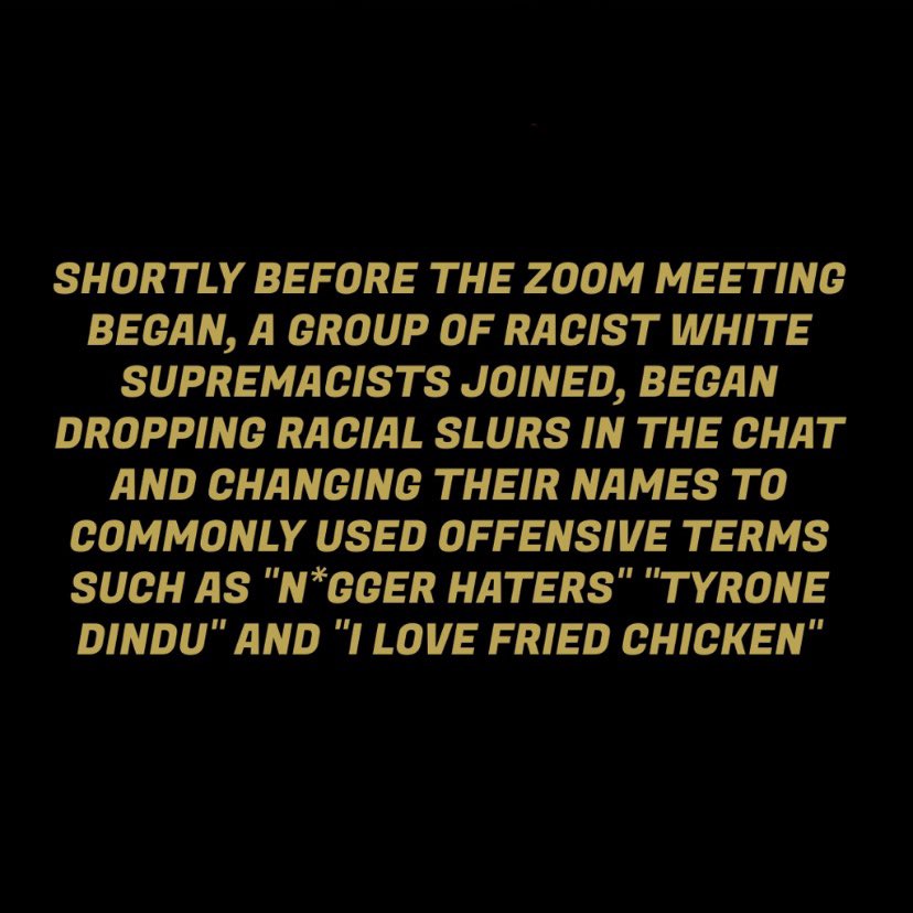 DI1906's tweet photo. Last night we were the victim of a Reddit-white supremacist planned Zoom bombing. Throughout today, we learned that similar attacks took place at Howard, Penn State, Michigan State, and Rider University, all in efforts to disrupt BHM. Read the details below https://t.co/HQ0xgYARYV