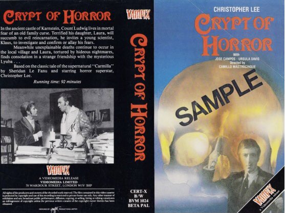 indieimmy's tweet photo. Original rental vhs artwork of the horror film #CryptOfHorror starring Christopher Lee and directed by Camilo Mastrocinoue #tbt #artwork #bluray https://t.co/AR8nTrRHmf