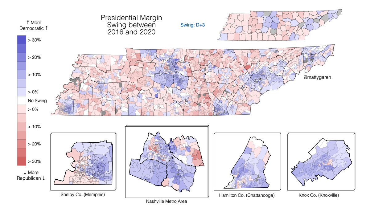 Democrats actually managed to slightly improve in parts of rural East TN, and also the urban cores of Knoxville and Chattanooga. Meanwhile, ancestrally Democratic parts of the state (Grundy, Lake, Trousdale, Jackson, etc.) continued to swing strongly Republican.