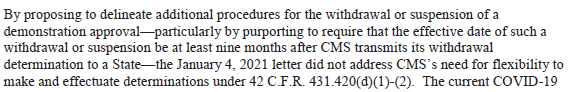 News! The Biden administration has informed states *both* that it's withdrawing Medicaid work requirement waivers and* that it won't follow a letter from the outgoing administration saying that no waivers could be withdrawn for at least nine months.  https://www.medicaid.gov/medicaid/section-1115-demonstrations/downloads/in-cms-ltr-state-02122021.pdf