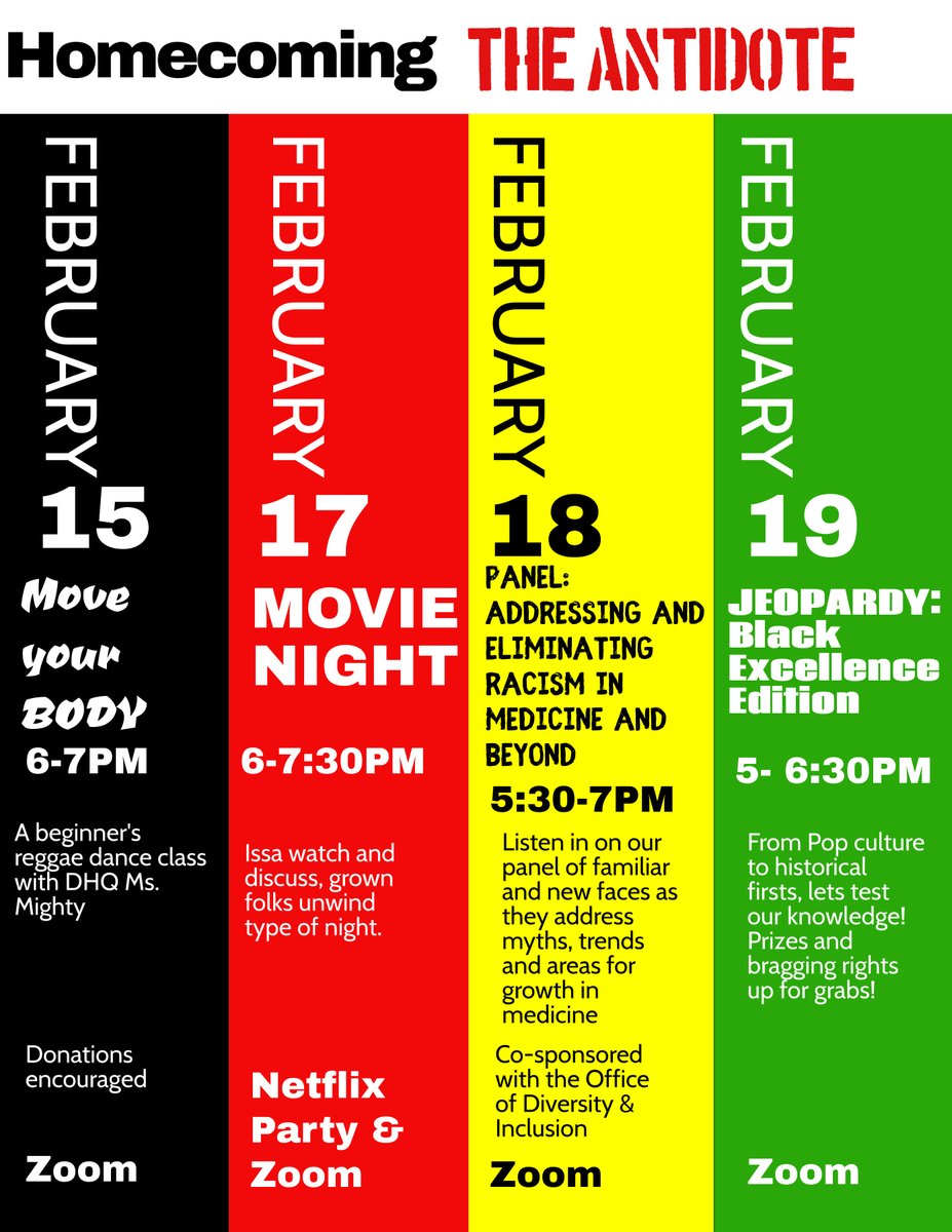 snma_fwmd's tweet photo. The TCU chapter at SNMA is so excited to share with you our line up of events for our inaugural “homecoming” week in celebration of Black History Month. #MedTwitter https://t.co/PwcyUua27d