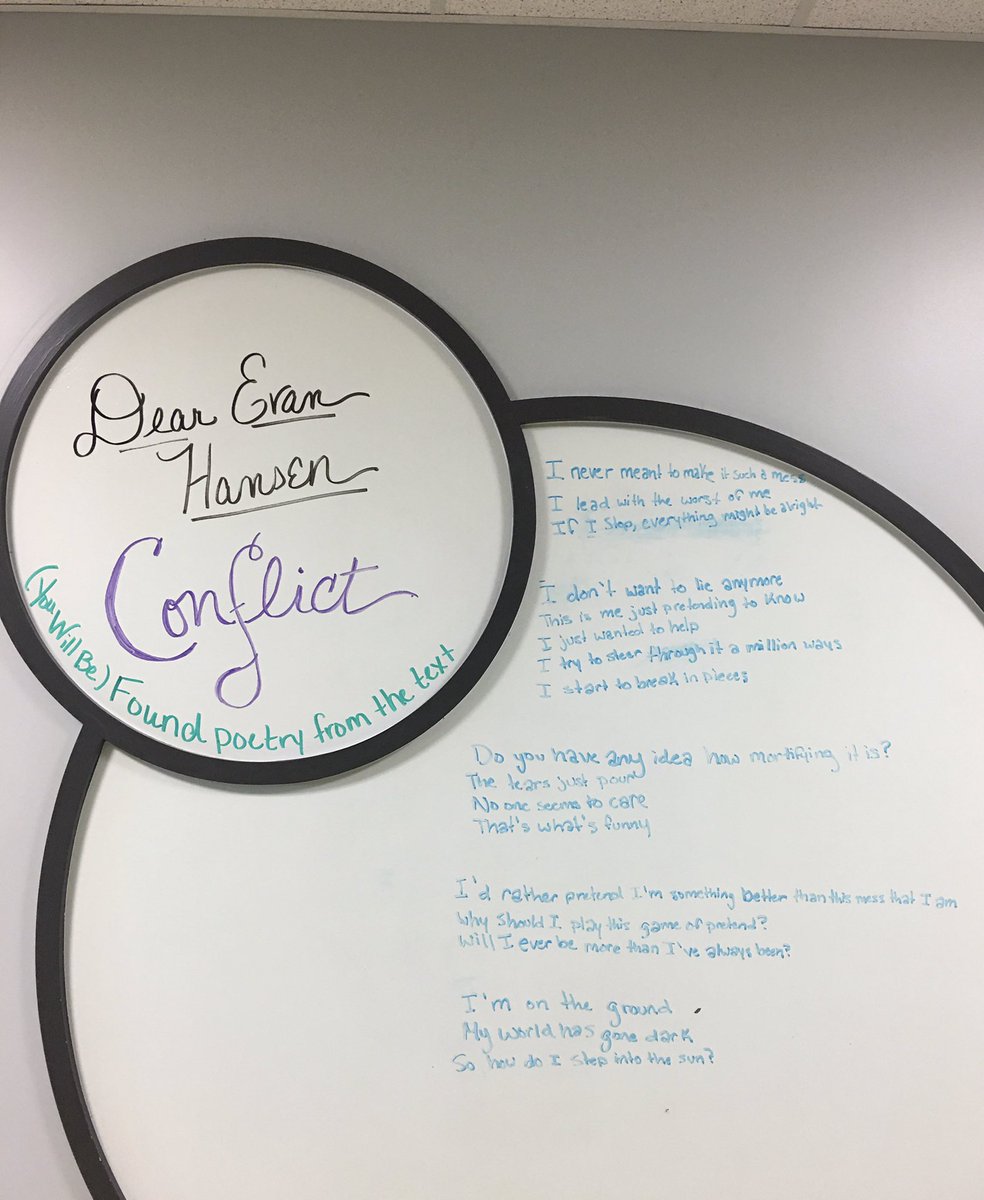 This week my students wrote found poems using the script of Dear Evan Hansen. They had to collaborate as a class and focus their poems on a specific literary element. #ourbmsa #youwillbefound
