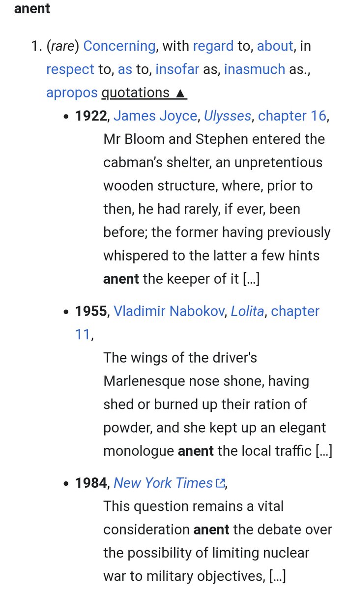 Oooh, I had to look "anent" up myself, so far you're winning the obscure prize! https://en.m.wiktionary.org/wiki/anent&nbsp;  https://twitter.com/patalinguist/status/1360385671601528838?s=19