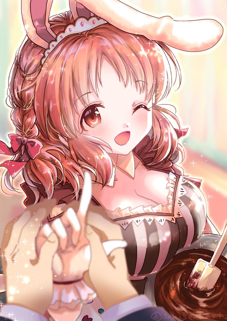 「??バレンタイン☆ウサミン??

?「ふふっ、Pさん、口元にチョコがついてますよ」|くるみるみ🐱5/5コミティア に12a🌸創作漫画『はなにあらし』月曜更新のイラスト