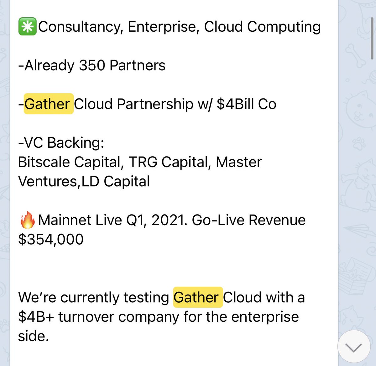 Only up 11x from call price $.020 on  @Gather_Network  $GTH It will 100x. I will explain why?Marketcap Comp: $GTH $13.5 MillVS $GLM $230Mill $ANKR $147 Mill $BAT $954 MillPartners:  $DIA, Boson Protocol,  $DEC,  $ANKR,  $PAID,  $CUDOS-LIVE Revenue-Mainnet Q1, 2021-VCs