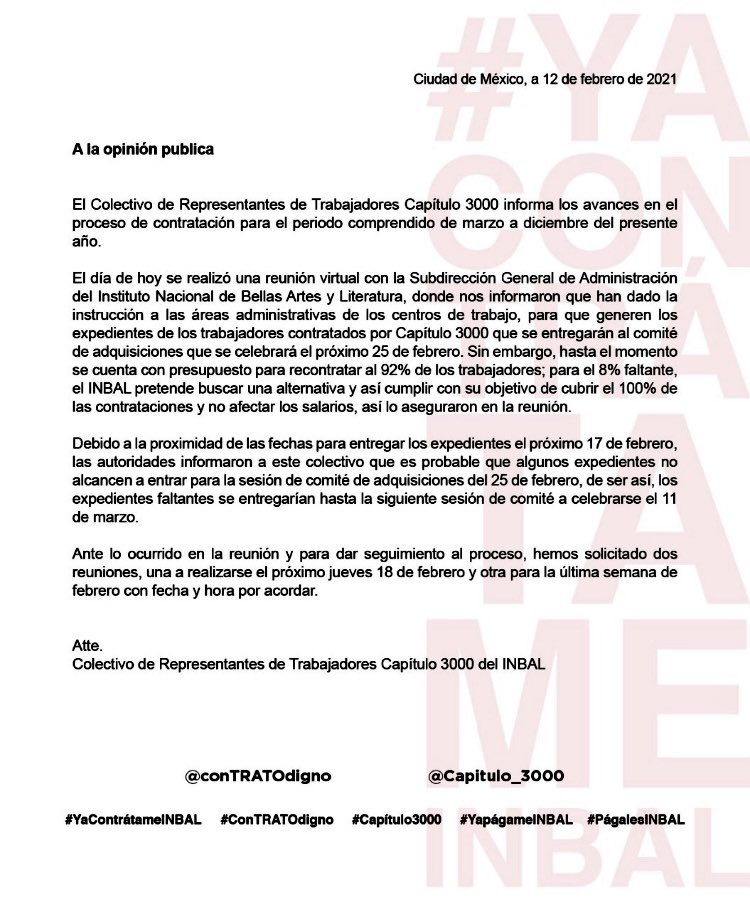 Los trabajadores del INBAL contratados por capítulo 3000 informan: <a href="/capitulo_3000/">capitulo 3000</a>