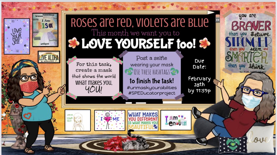 Some1Special808's tweet photo. This month’s theme is to LOVE YOURSELF🥰🥰 Create a mask showing what makes you, well.. YOU❤️ Don’t forget to post a selfie and hashtag #SPEDucatorproject #unmaskyourabilities before 2/28 https://t.co/X1K1QyS72L