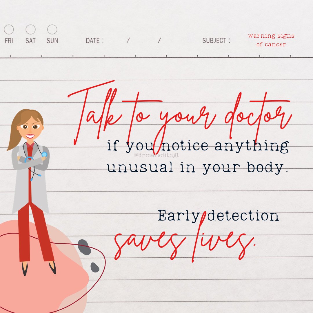 A lot of these symptoms are more often caused by less serious conditions. But if it's  #cancer, EARLY DIAGNOSIS and TREATMENTincrease the chances of SURVIVAL. That's why they say: IF SYMPTOMS PERSIST, CONSULT YOUR DOCTOR. 
