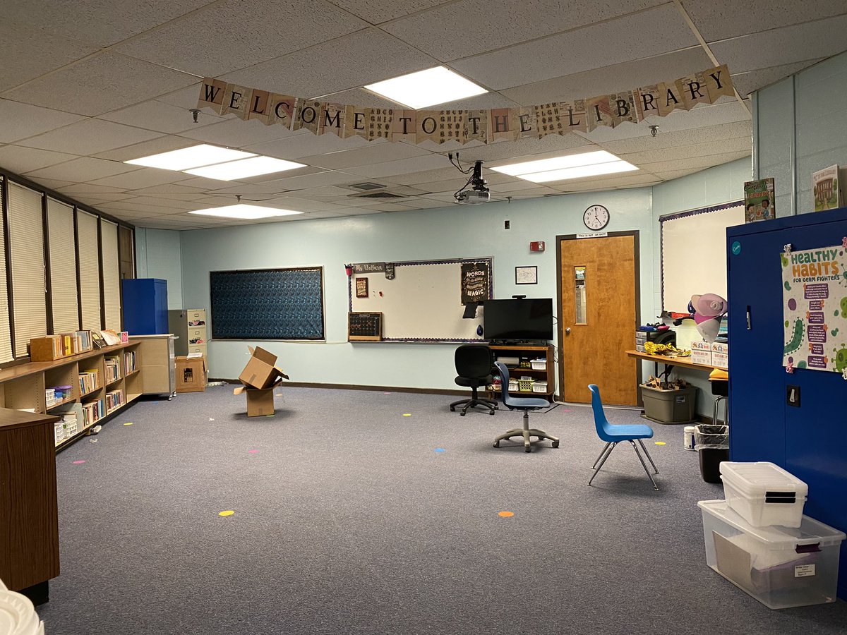 Classroom is looking strange without any furniture, but I’ve got 20 spots that are 6’ apart! Redoing everything was a LOT this week, but I guess I’m ready (for the 3rd first day of school)! 🤞#welcomeback #schoollibrarymedia #STEMclassroom #nofurniture