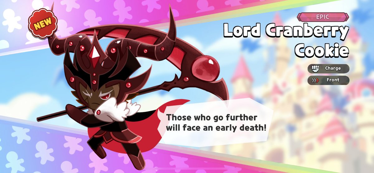 Lord Cranberry Cookie holding a scythe on a blurry background for the Cookie Run: Kingdom capsule toys gatcha game