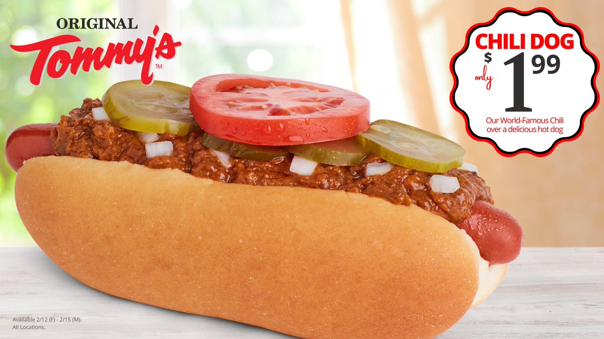 OriginalTommys's tweet image. 🌭 $1.99 Chili Dog 💕 Enjoy our World-Famous Chili Dog  thru 2/15 (M).😍 Simply mention or show this offer to the cashier at any of our 34 locations in CA &amp;amp; NV. #originaltommys #chilidog #ValentinesDay2021 #yelpoc #yelpla #yelpsd #YelpLv #lafoodie #sdfoodie #ocfoodie #vegasfoodie