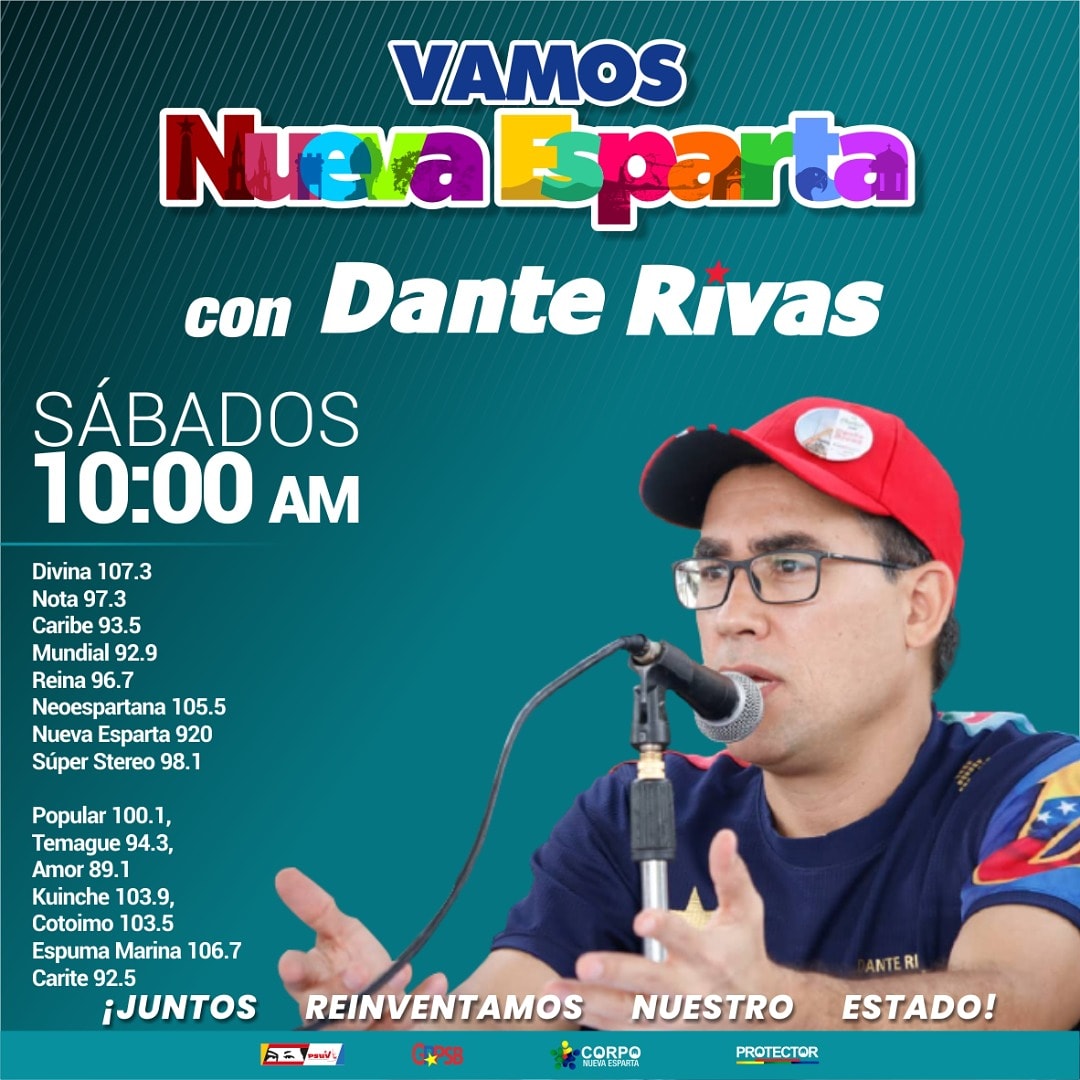 Sintoniza este y todos los sábados tu programa #VamosNuevaEsparta por 97.3 fm 107.3 fm 92.9 fm y la red de emisoras comunitarias para enterarte de todo lo que venimos haciendo desde el #GobiernoBolivariano para garantizar el bienestar del pueblo! #JuntosReinventamosNuevaEsparta