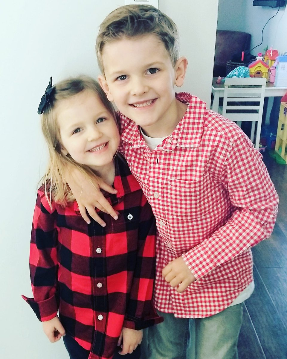 My 4 &amp; 5 yr olds ready to rock their school Valentine's party. ❤️💙