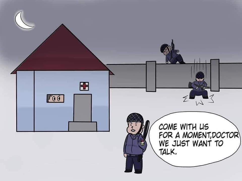 In Myanmar, starting from 9pm Feb 12 until now, armed JUNTA ruthlessly arrested our citizens in the dark.We can do...just wait and see without sleep.Hey,Justice does really exist? Save Myanmar or give us guns. 

STOP NIGHT ARRESTS
#Feb13Coup
#WhatsHappeningInMyanmar