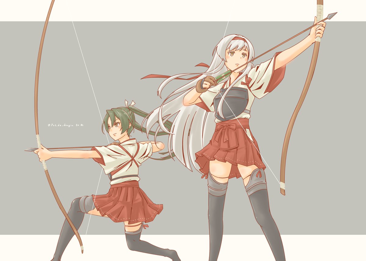 shoukaku (kancolle) ,zuikaku (kancolle) multiple girls 2girls long hair bow (weapon) weapon twintails skirt  illustration images