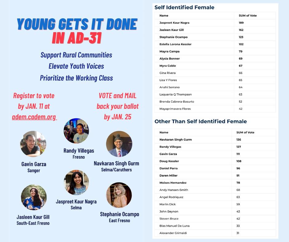In Assembly District 31, around Fresno, the Young Gets It Done Slate, named after a common slogan among young Democrats (people 35 and younger), won 6 seats in the AD31  #ADEM election.