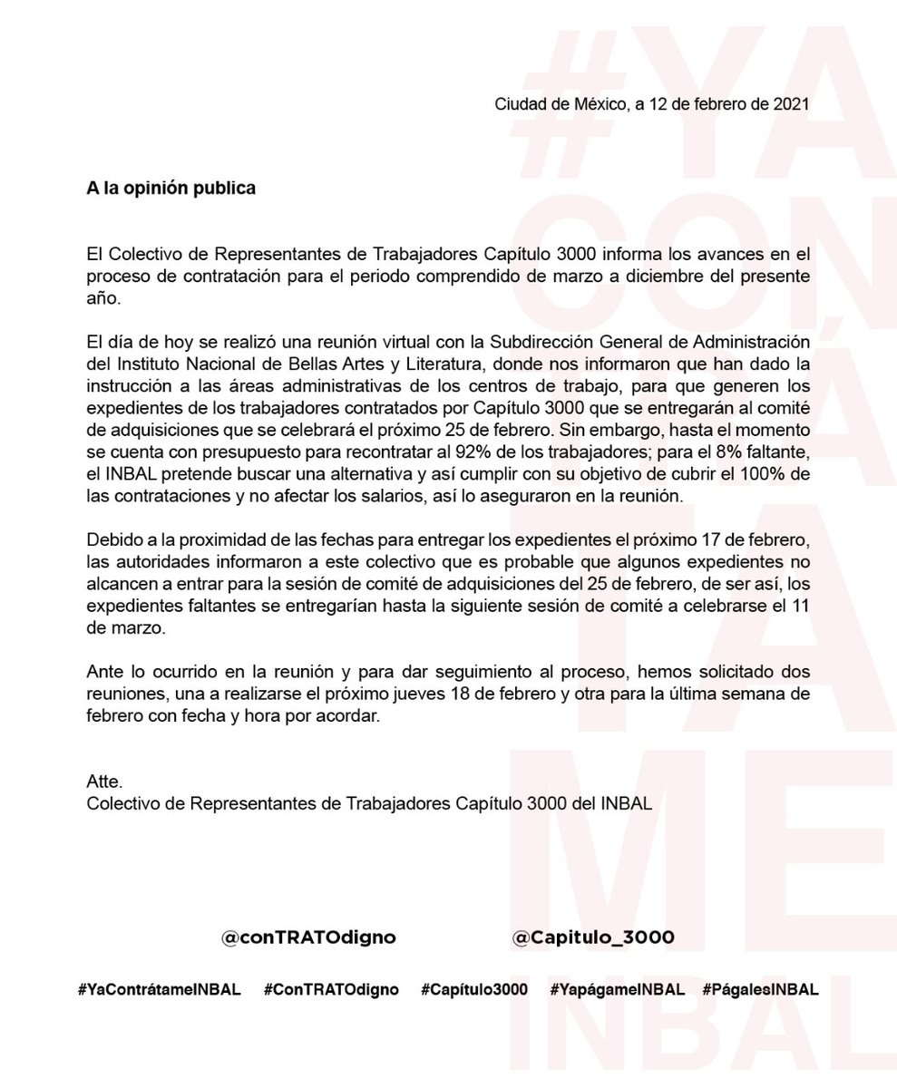 MOCCAMEXICO's tweet photo. #Capitulo3000 informa a la opinión pública el resultado de la reunión de hoy con autoridades de Bellas Artes y Secretaría de Cultura 
@teatroinbal @literaturainba @cultura_mx https://t.co/B6DRtoB5WU