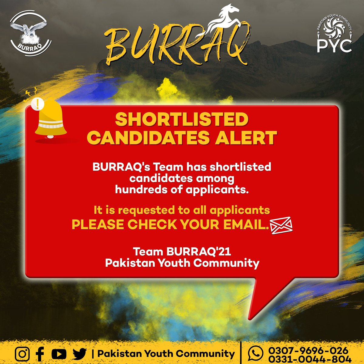 pyc_org's tweet photo. BURRAQ's Team has shortlisted  candidates among  hundreds of applicants.
It is requested to all applicants please check your email. 
Team BURRAQ'21
Pakistan youth community
 🔸Event Link
https://t.co/KwESL7eBls
#BURRAQ
#FlyToSky https://t.co/tkXrZ0o5UJ