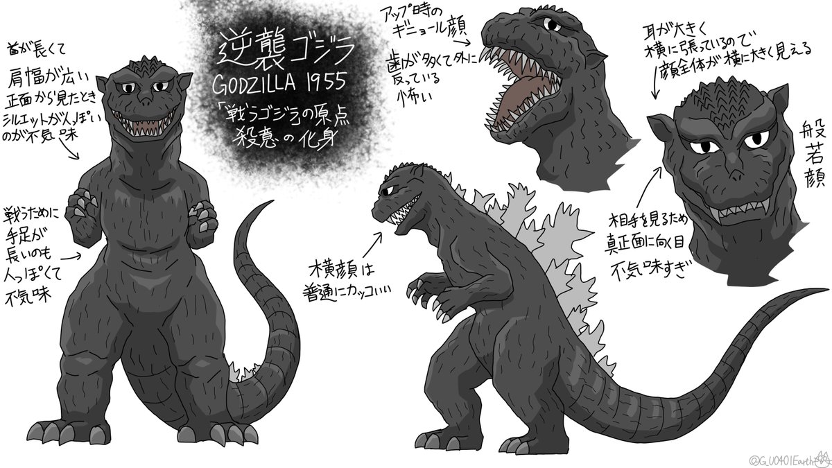 前からちょいちょい描いていたゴジラのデフォルメイラスト、昭和初期の4作品が揃いましたよ!
2~4枚目の3体は同一個体なのにここまで造形が違うの面白いですね。
#ゴジラ #Godzilla 