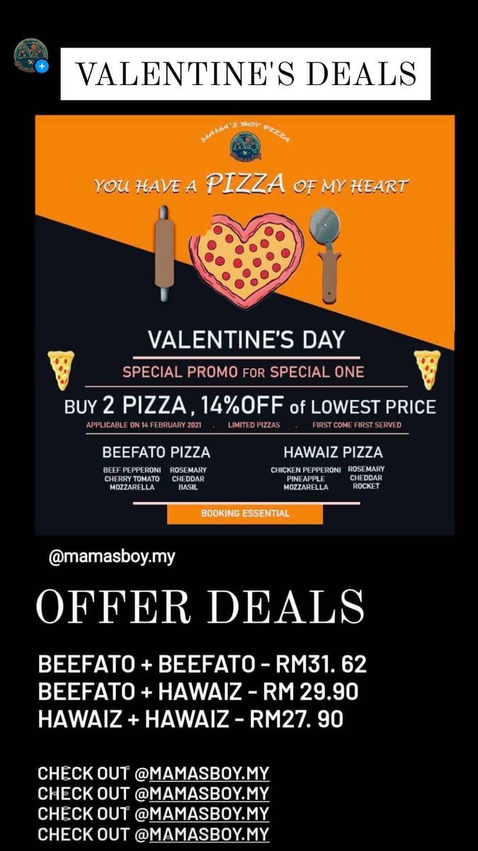 MamasboyMy's tweet image. Have you ordered yours?
ORDER NOW FOR TODAY'S PIZZA BATCH🔥
CLICK LINK TO ORDER forms.gle/8j2JCxbHr2jSWQ…
OR WHATSAPP US AT 013-687 9491⚡

VALENTINE'S PROMO IS OPEN FOR PRE-ORDERS♥️

#MamasBoyPizza
#HomemadePizza
#LavaRockPizza
#malaysiafood #klfoodie  #supportlocalbusiness