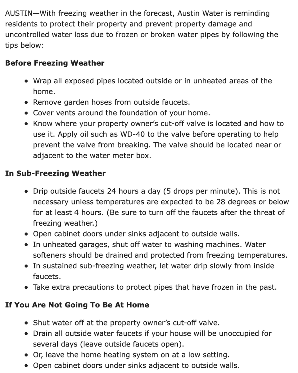 With temperatures below freezing, the pipes in your apartment/home may be affected. Here's some advice from Austin Water on preventing damage. "Renters and tenants may be responsible for personal property damage caused by broken water pipes during severe weather."
