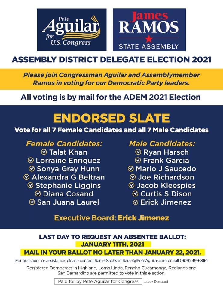 Assembly District 40 includes San Bernardino and Rancho Cucamonga. Here, Assemblymember James Ramos and Congressman Pete Aguilar endorsed a slate of 14 that won all 14 AD40  #ADEM seats.