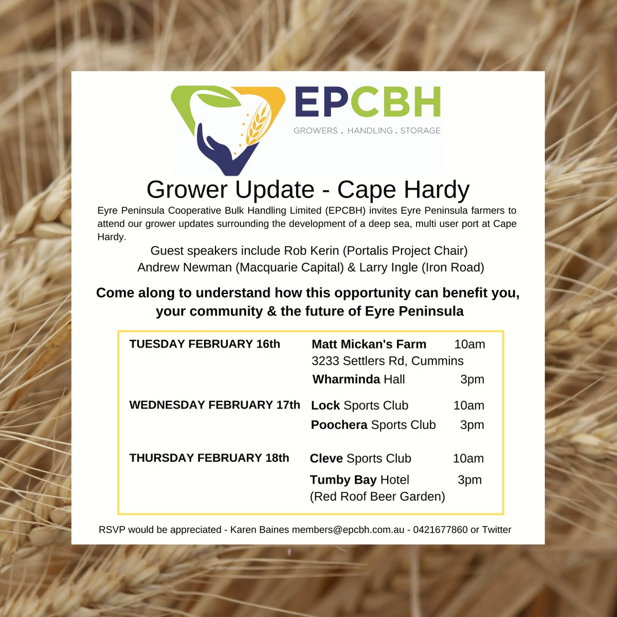 EPCBHLimited's tweet image. The #CapeHardy project is a once-in-a-generation opportunity for EP grain growers to control their future by becoming a member of EPCBH now. Hear more from us and project chair Rob Kerin at our next round of grower meetings this week