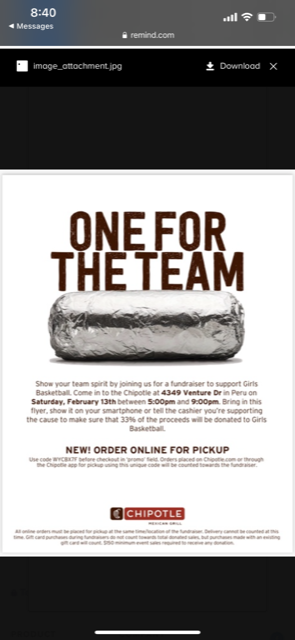 Please say "Eating for LP Lady Cavs Basketball" when ordering at Chipoltle's tomorrow evening. Thank you!
