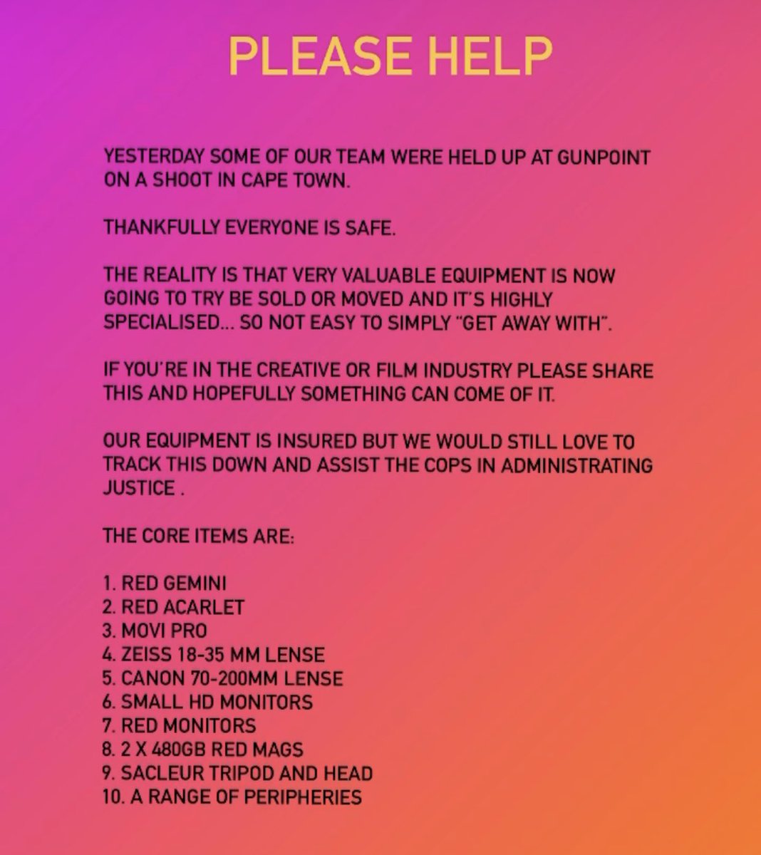 gregmfell's tweet image. Hey guys. Please help us out and share this far and wide. Some really valuable equipment was stolen on a shoot of ours yesterday in Cape Town. It will be almost impossible to simply sell this stuff without someone noticing.