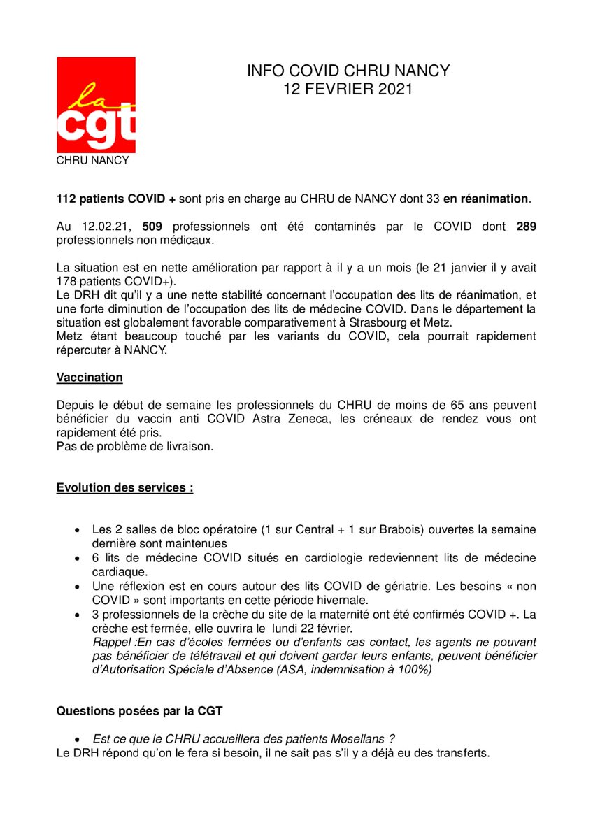 CGT_CHRU_NANCY's tweet photo. Info covid du 12 février au CHRU de Nancy.
Agent du CHRU, n’hésitez pas à partager !
#CHRUNancy #Covid #Covid19 #CGT https://t.co/Ksebx83XN6