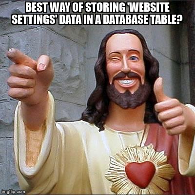 overflow_meme's tweet image. Best way of storing &apos;website settings&apos; data in a database table? stackoverflow.com/questions/2732… #settings #php #tablestructure #arrays