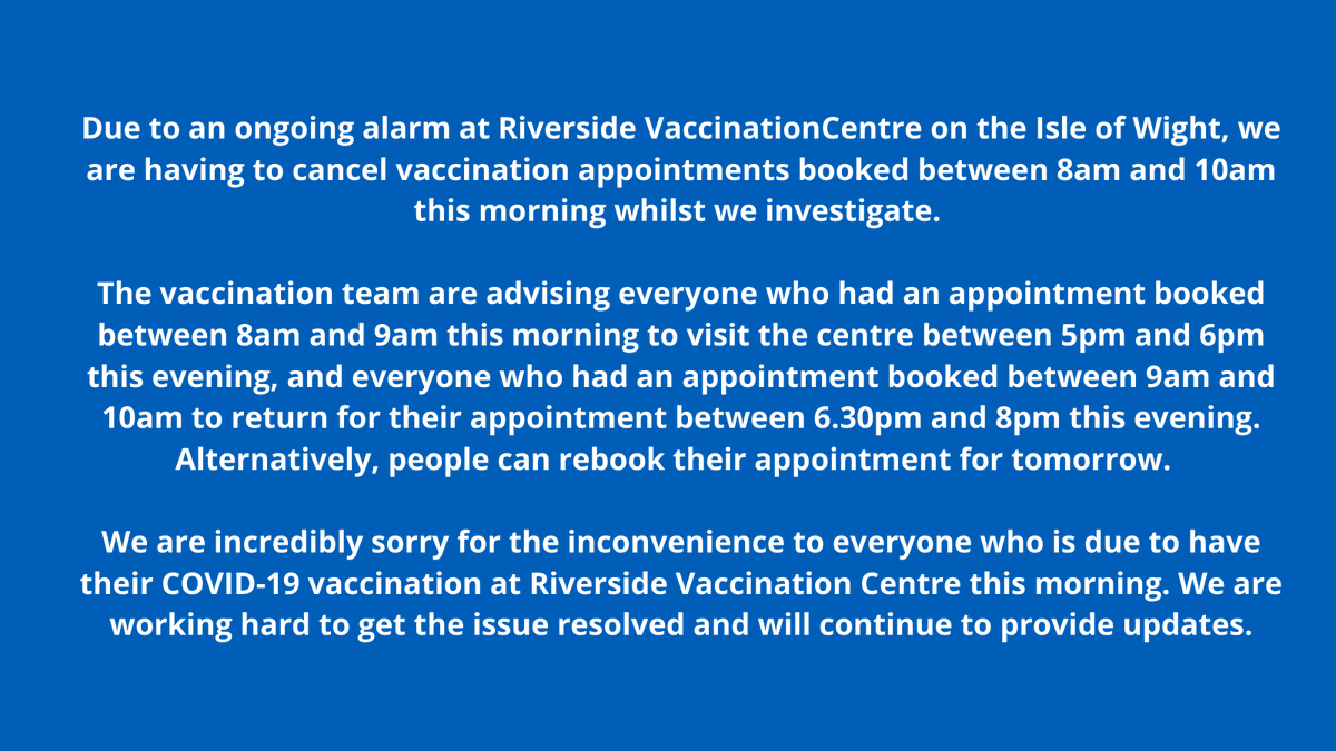 SolentNHSTrust's tweet photo. Due to an ongoing alarm at Riverside Vaccination
Centre on the Isle of Wight, we are having to cancel vaccination appointments booked between 8am and 10am this morning whilst we investigate. Please read the update below: https://t.co/mGF6I3MyGF