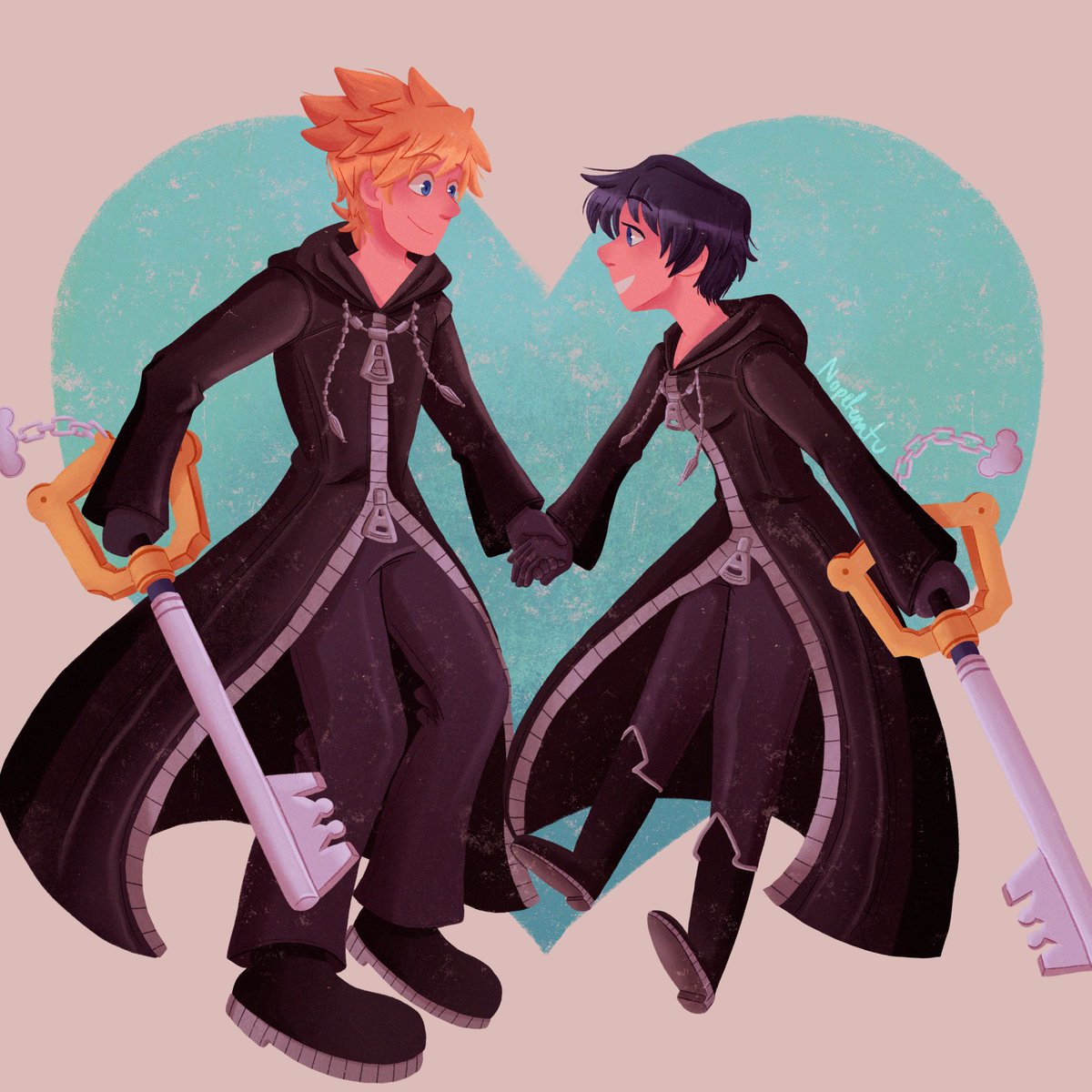 nopeferatwo's tweet photo. Hiii this was for a shipping meme day like. 6 or something, i present to you my first otp ever: rokushi, ft roxas and his cute nonbinary gf ☺️💕💕 #kingdomhearts #kh #rokushi #roxas #xion https://t.co/UxwqQMij3k