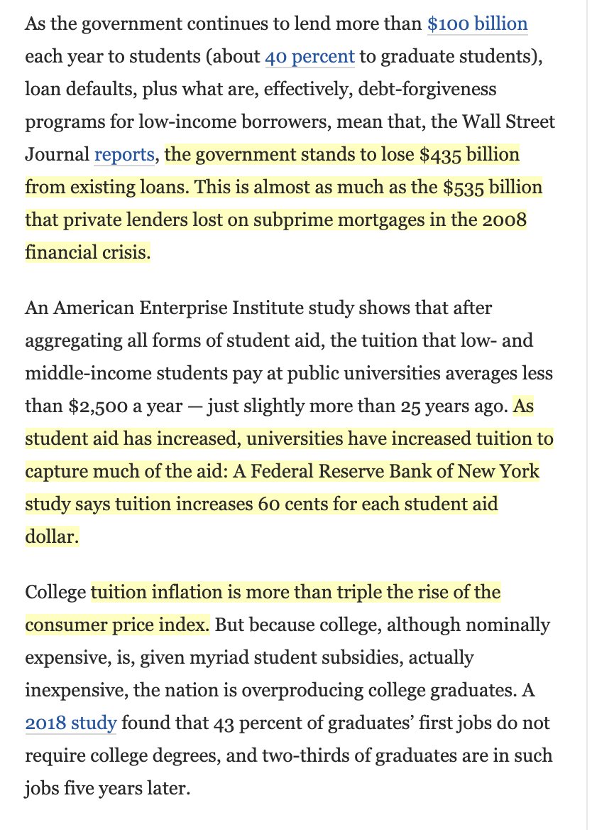 9/ Indeed the US gov would lose ~$435 billion from student loansin the housing crisis in 2008 it lost~$535 billion from subprime mortgagesBut COLLEGES/UNIVERSITIES are the ones that've grossly exploited the provision of gov debt to keep raising prices...at rate of 3x CPI!