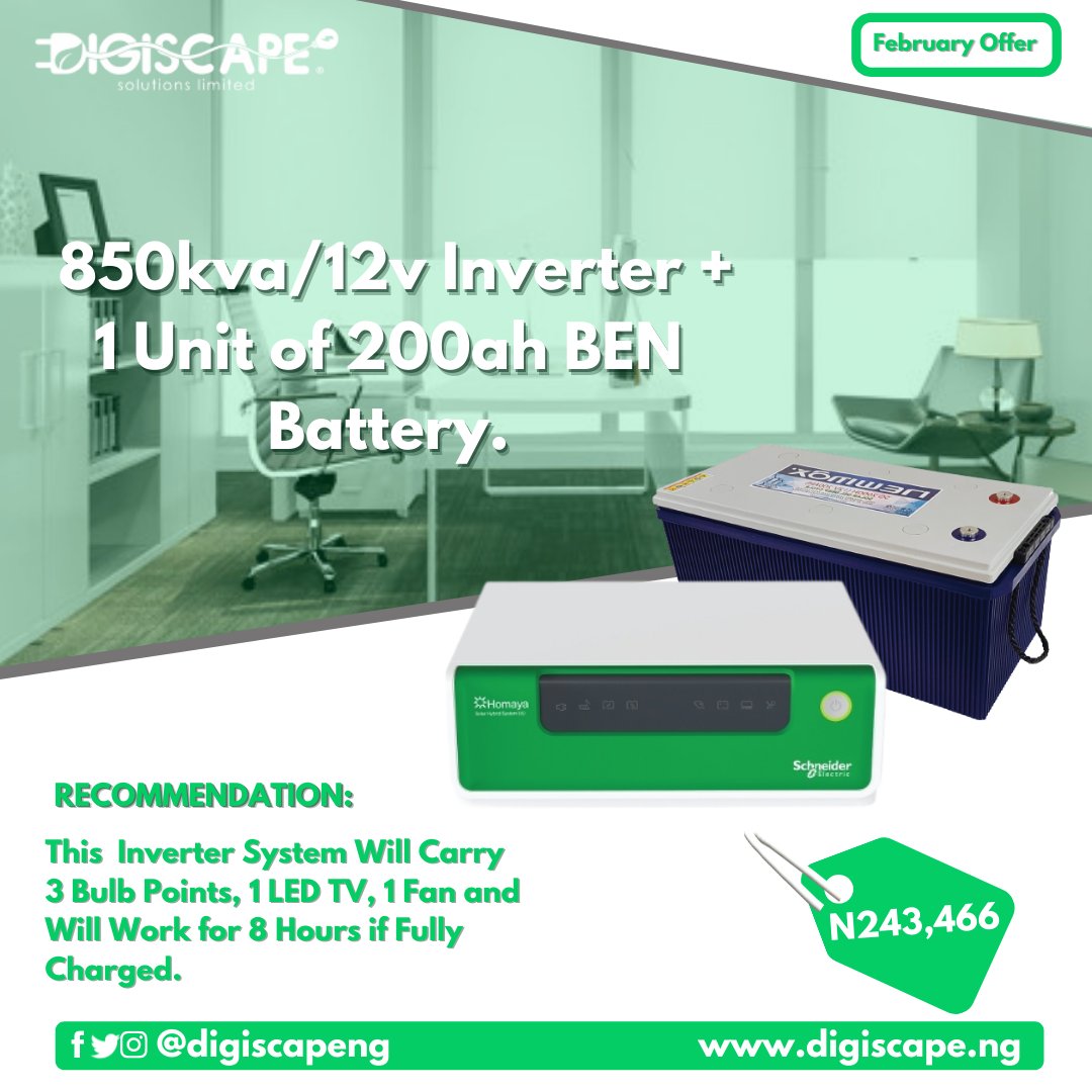 Digiscapeng's tweet photo. Need stable electricity?
We have an 850kva/12v Inverter + 1 Unit of 200ah BEN Battery
Suitable for your home and office
To reach our support team, call: 08099995980 or 08180009311 email: info@digiscape.ng
#chillingsatur
#digiscapeng https://t.co/WXeZlhoB5x