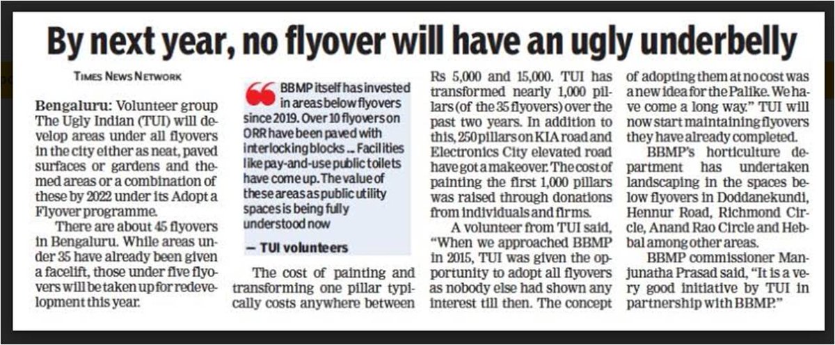 theuglyindian's tweet photo. PROUD! To have partnered with #BBMP, concerned corporates & citizen volunteers to bring #UnderFlyOver (UFO) spaces into focus over the past 5 years. Can ALL UFOs be neat, clean, people-friendly places? YES they MUST! @BBMPCOMM @BBMPSWMSplComm @TOIBengaluru @LnTTechservices https://t.co/TJjjgvuxyX