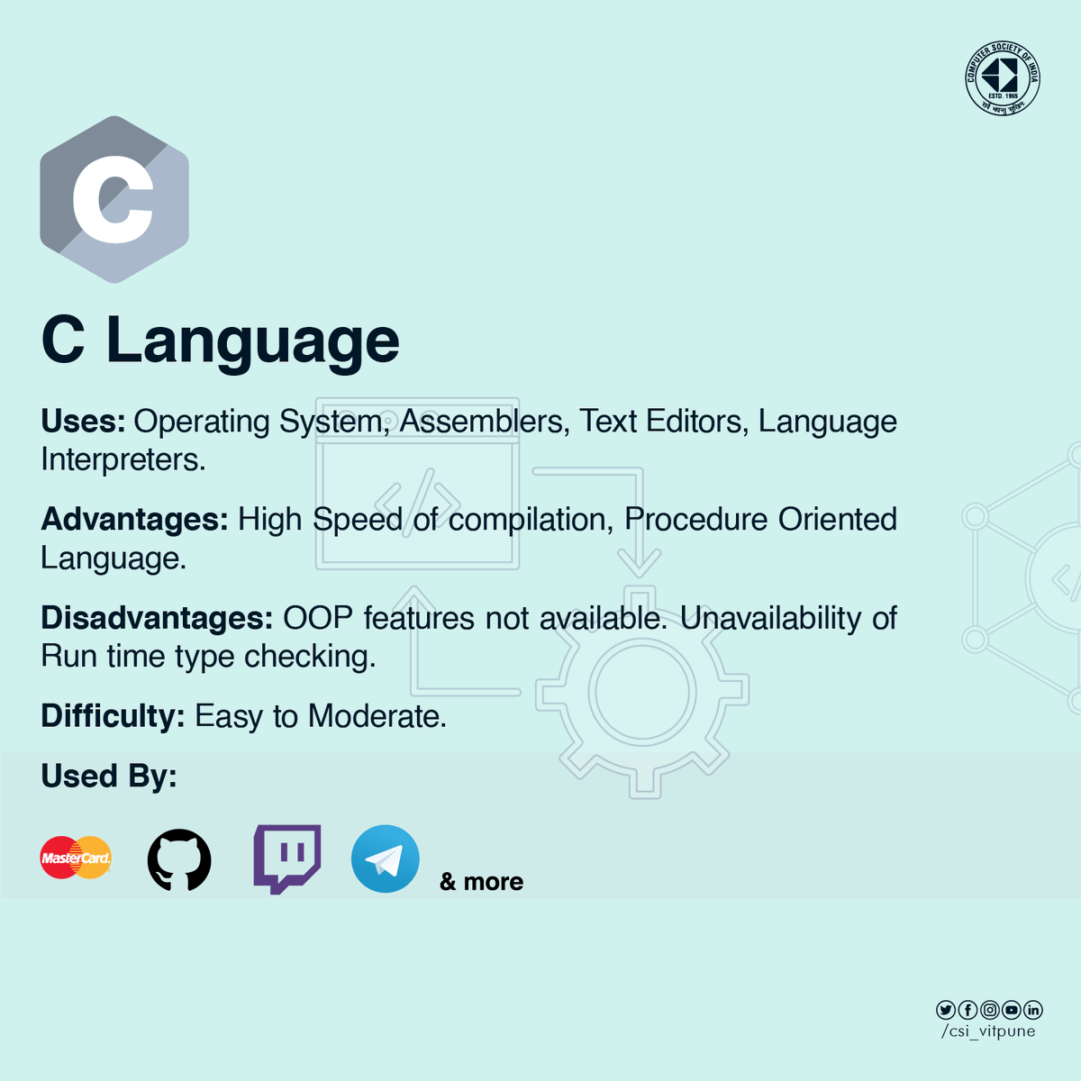 csi_vitpune's tweet photo. In an engineering career, programming plays a vital role in all domains

Here we have enlisted some of the basic computer programming languages that you need to know for becoming a software engineer.

To know more visit - https://t.co/boYgK8TU5M
 
#LearnToCode #programming https://t.co/N2UV4oVbx1