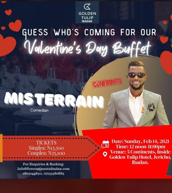 5continents_ib's tweet photo. Mistterain would be at our Valentine’s Day Buffet 🎉🎉🎉 https://t.co/Dvb1T8bsq9