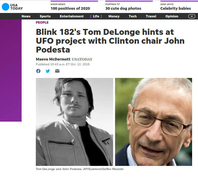 mikewolfpack100's tweet photo. TOM DELONGE:  Former Blink 182 band member/singer.  Freemason?  UFO Research $$ laundering front?  Working w/ Hillary/Podesta?  Tom doesn't realize that he's been set up as a DS Fall Guy by MSM (i.e. Rolling Stone) as early as 2016.  He will soon.  (Wikileaks email photo'd below) https://t.co/QGbkr3FzoS
