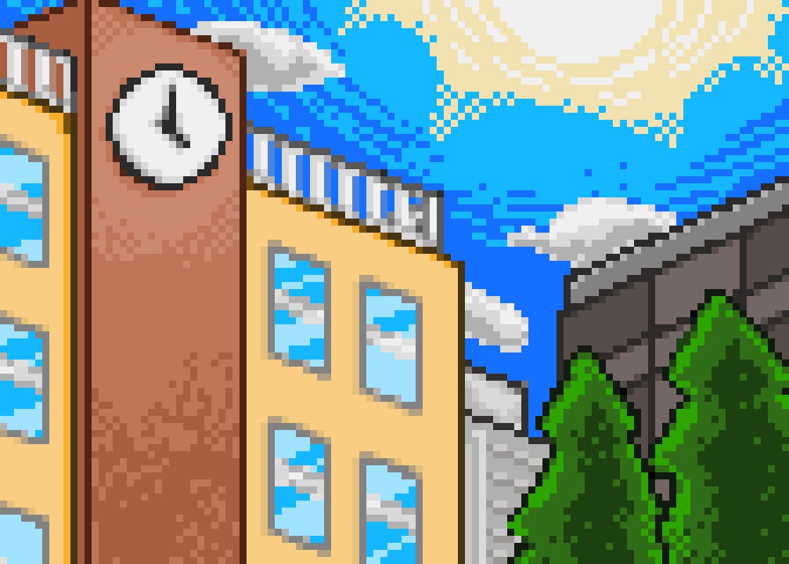 だむ エロ 21 0213 ゲーム用ドット絵 学校 サイズ修正 オリジナル ドット絵 Pixelart 風景 学校 太陽 ビル 針葉樹 T Co Nrgenrl6b4