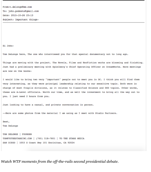 mikewolfpack100's tweet photo. TOM DELONGE:  Former Blink 182 band member/singer.  Freemason?  UFO Research $$ laundering front?  Working w/ Hillary/Podesta?  Tom doesn't realize that he's been set up as a DS Fall Guy by MSM (i.e. Rolling Stone) as early as 2016.  He will soon.  (Wikileaks email photo'd below) https://t.co/QGbkr3FzoS