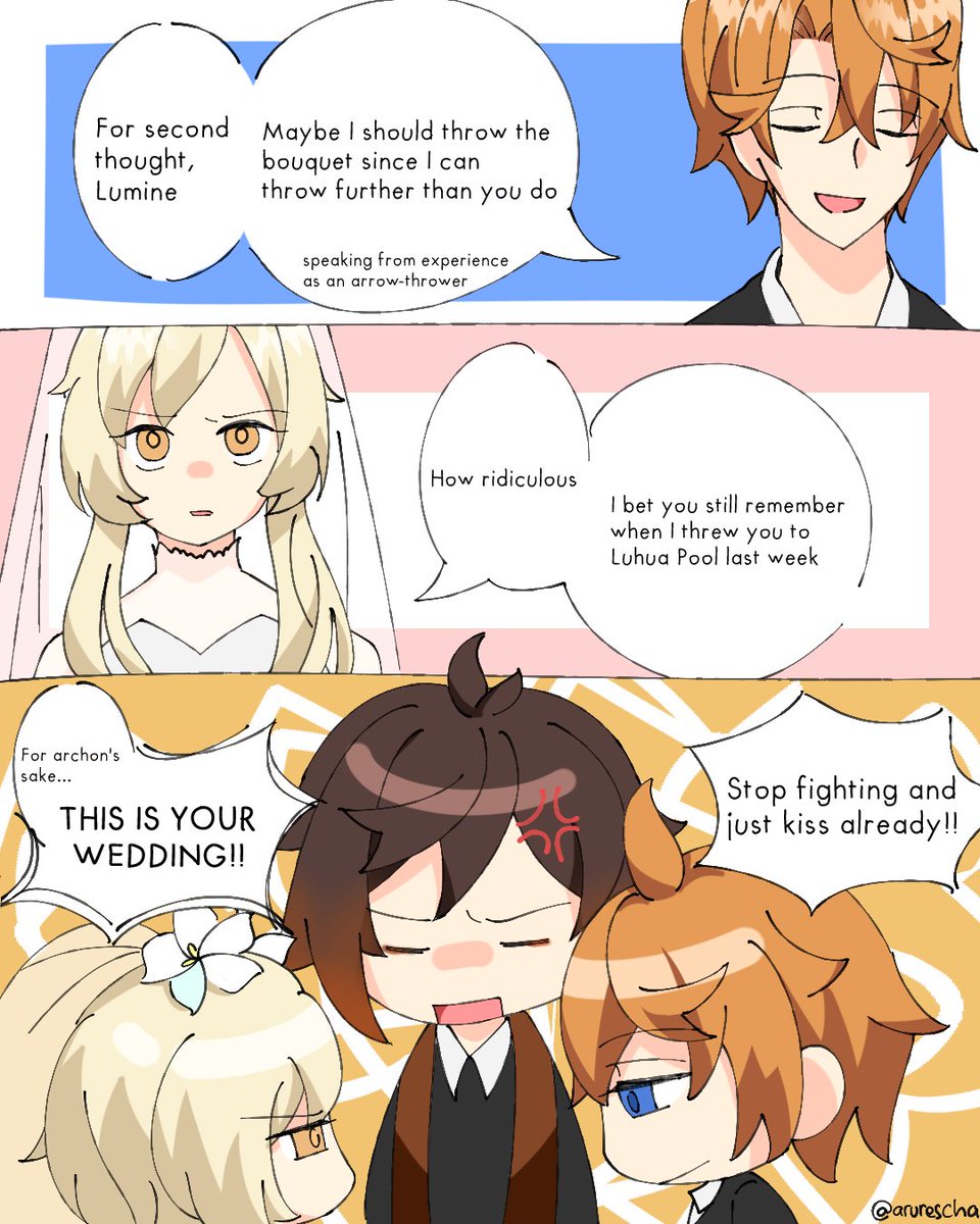 #ChilumiWeek2021 day 3 : wedding
Zhongli : why are they arguing over trivial matters.. *sigh*
#GenshinImpact #chilumi 