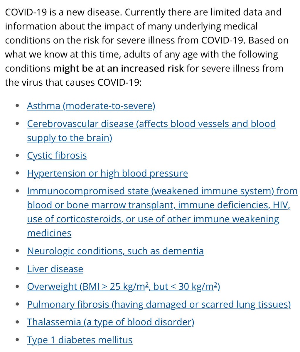 And then CDC says this "COVID-19 is a new disease. Currently there are limited data and information about the impact of many underlying medical conditions on the risk for severe illness from COVID-19. "Here are 11 conditions that CDC says "might" cause increased risk /10
