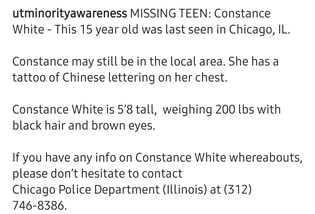 UTMinorityAware's tweet photo. 🚨PLEASE RETWEET! HELP US FIND CONSTANCE WHITE - MISSING 15-YEAR-OLD FROM CHICAGO, IL🔍 #BLM #GoViral #missingpoc #missingteen #Missing #Chicago #help #BlackLivesMatter #vanished #disappearance https://t.co/1TwwiihlBl