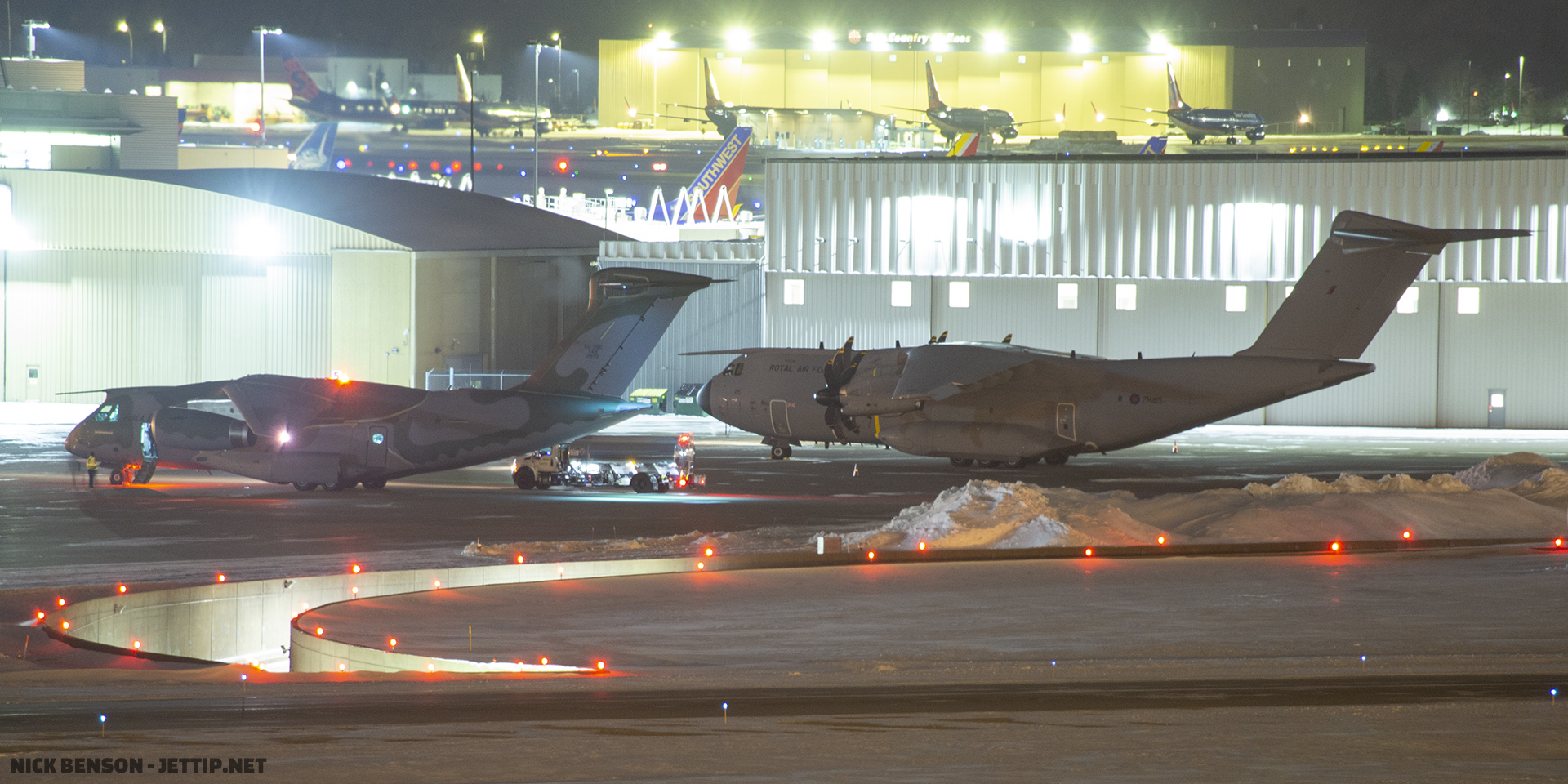 A Brazilian KC-390 on the ramp next to a Royal Air Force A400M.