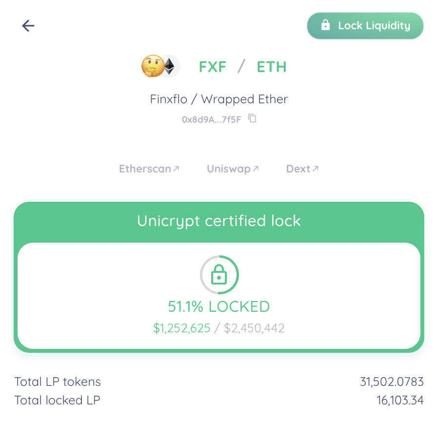 Finxflo's tweet photo. You remember that $1M we locked up for 6 mos. a few days ago into a @UNCX_token $UNCX #Uniswap #liquidity lock smart contract?

Well, here's the link if you missed it: https://t.co/zETm90Z8cH

Now that lock is worth $1.25M.

You can always track it here:
https://t.co/yA6WGo9aWm https://t.co/CdfmiX17DW